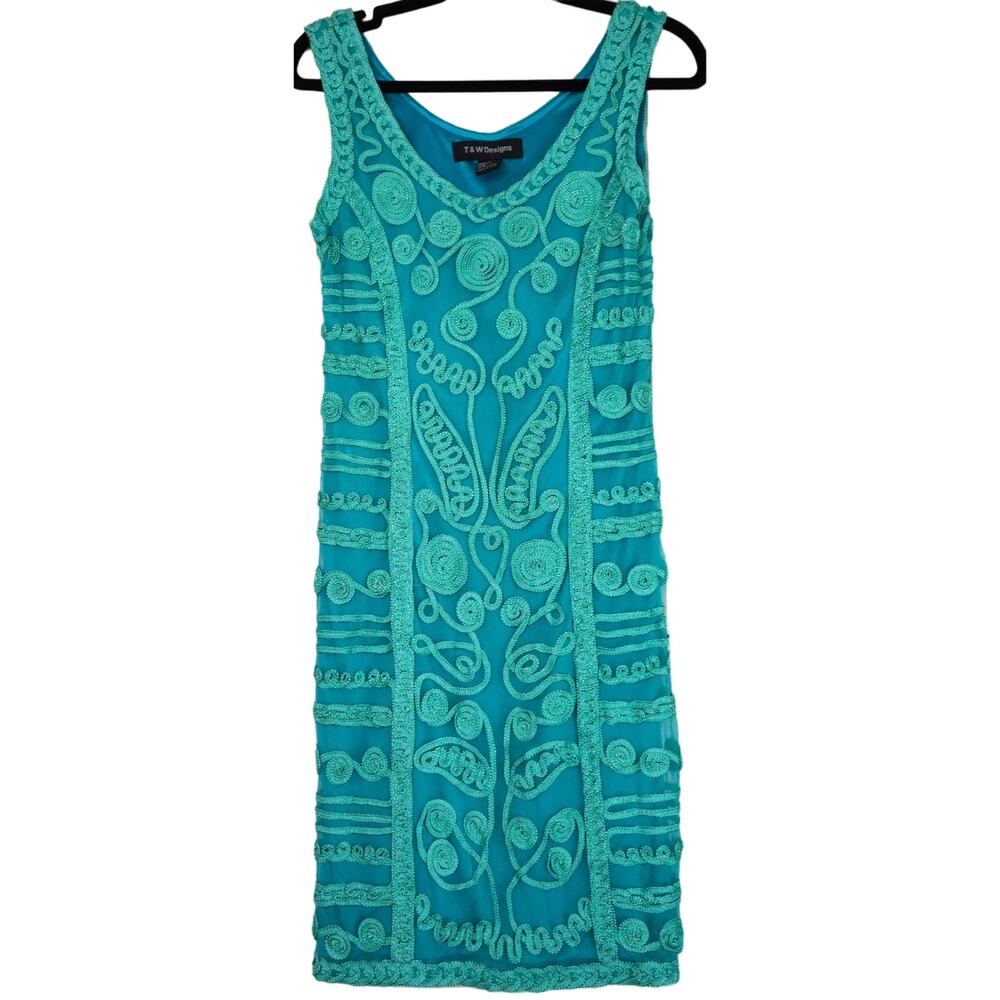 T&W Designs Blue and Green Embroidered Floral Mini Dress Short Cocktail Small